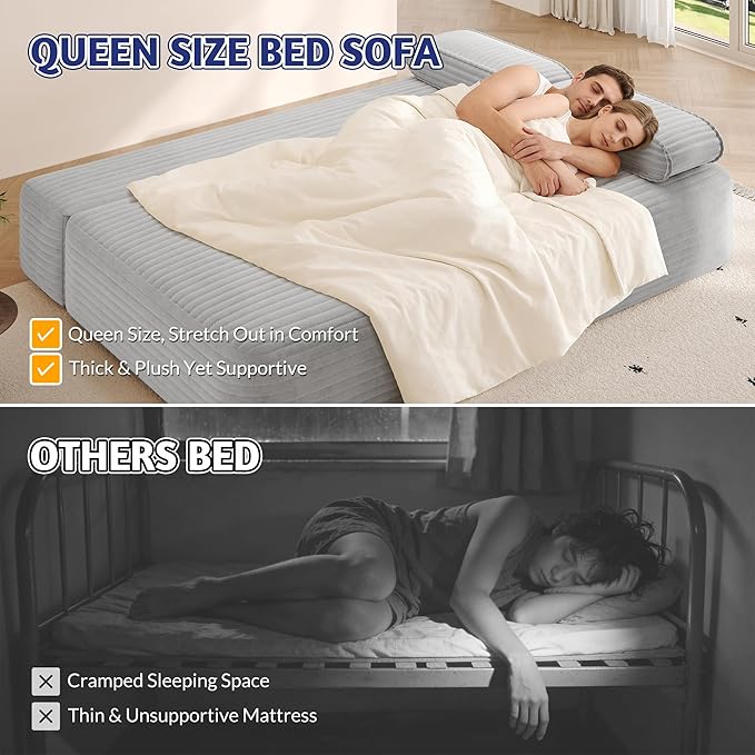 78.7 Queen Convertible Sofa Bed 2-in-1 Corduroy Folding Floor Couch with 3 Pillows Sleeper Sofa for Living Room and Bedroom No Assembly Required (Light Grey)