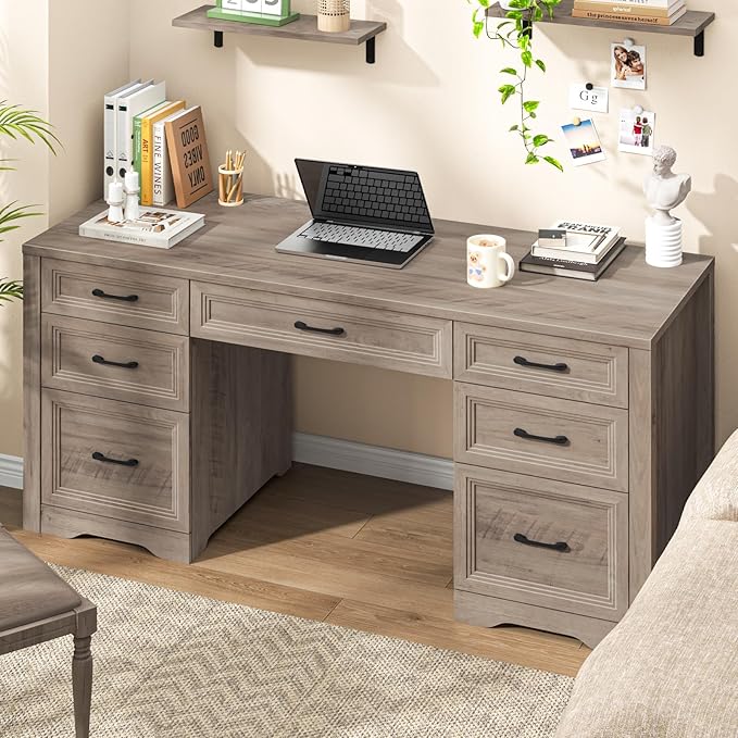 Farmhouse Executive Desk Wood Home Office Desk with 2 Large File Drawers and 5 Storage Cabinets Rustic Writing Desk for Work and Study Grey