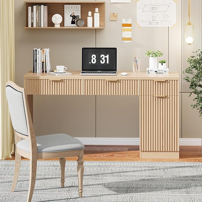 Vabches 60 Executive Desk with Fluted Drawers Wood Home Office Desk with Storage Cabinet Charging Station Fluted Computer Writing Desk for Study Living Room Natural Oak.
