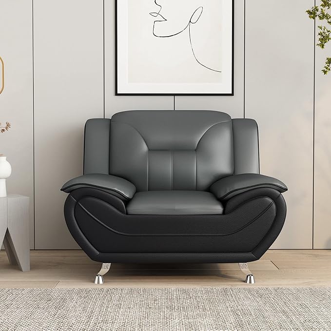 Container Furniture Modern Style Living Room Chair with Top Grade Faux Leather Upholstery and Extra Comfortable Pillow Top Armrests 47.3’’ Wide Grey &amp Black