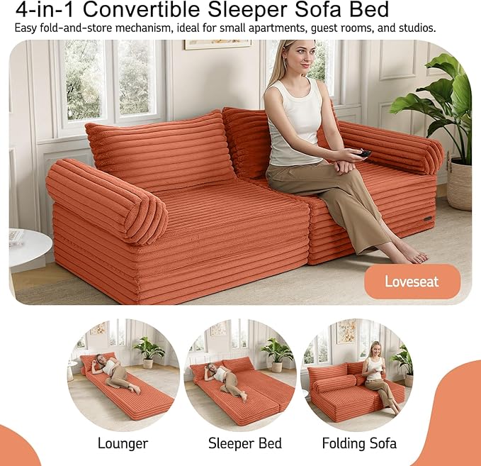 MeMoreCool Convertible Sofa Bed Folding Floor Couch Bed Queen Pull Out Sleeper Couch with Pillows Fold Out Futon Sofa for Bedroom Living Room Small Space Corduroy Orange