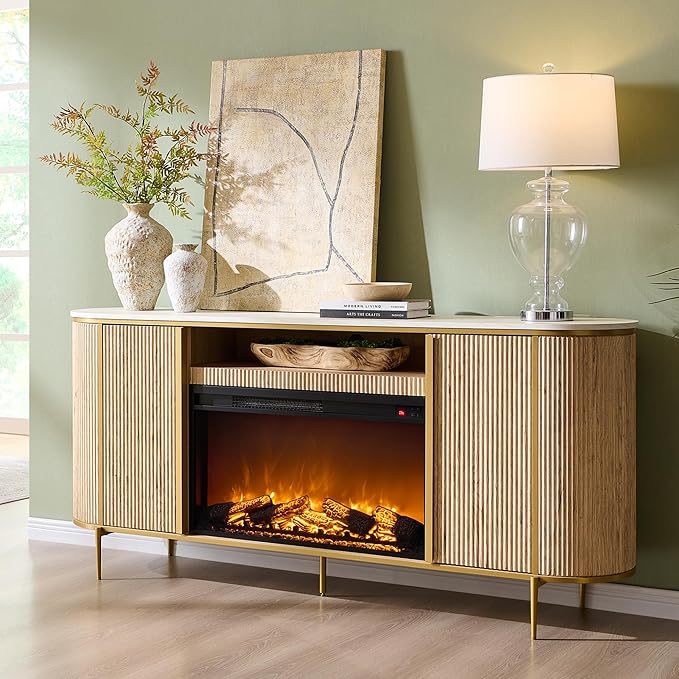 OKD Luxury 70 Fluted Fireplace TV Stand Modern Chic Entertainment Center for TVs Up to 80 inches TV Console with Faux Marble Top Curved Profile Design Media Console for Living Room Natural Oak