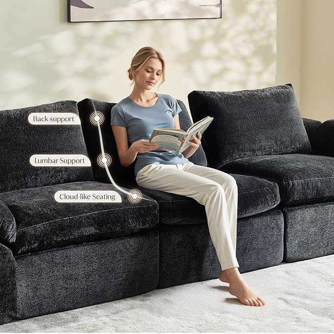 Vamcheer U Shaped Cloud Couch - Utra Soft Modular Sectional Sofa with 2 Movable Ottoman Deep Seat Boneless Couches for Living Room Bedroom Office No Assembly Required Black