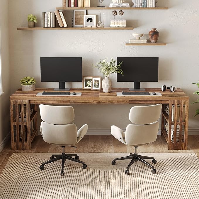 LITTLE TREE 78.7 Long Desk 2 Person Desk with Shelves Large Wooden Computer Desk Heavy Duty Shelf Legs Design for Two Person Home Office Business Workstation Brown (78.7 W x 23.6 D)