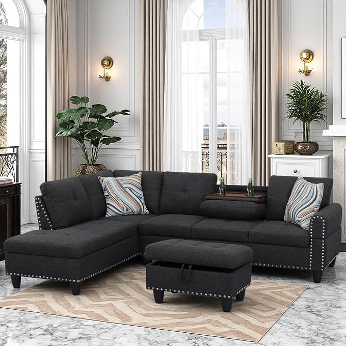 Sectional Couches for Living Room Furniture 4 Seat L Shaped Couches with Ottoman Modular Sectional Sofa for Apartment Furniture Sets Grey