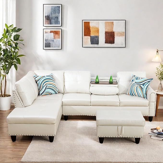 Sectional Couches for Living Room with Ottoman Modern Leather 4 Seat L Shaped Couch with Cup Holder Living Room Furniture Sets for Office Bedroom White