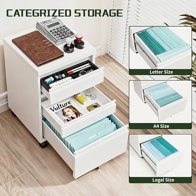 3 Drawer File Cabinet with LockRolling Mobile File Cabinet with Wheels for Home OfficeUnder Desk Metal Filing CabinetOffice Storage OrganizerFully AssembledWhite