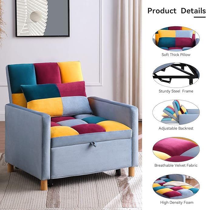 Sleeper Sofa Bed 3-in-1 Convertible Chair Bed Multi-Functional Sleeper Chair Soft Teddy Fabric for Living Room Apartment Office (Color-Velvet)