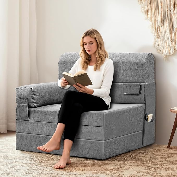 Convertible Folding Sofa Bed-Sleeper Chair with Pillow and Armrest Modern Linen Fabric Floor &amp Futon Sofa Bed Foldable Memory Foam Couch for Living Room/Home Office Single Size Light Gray