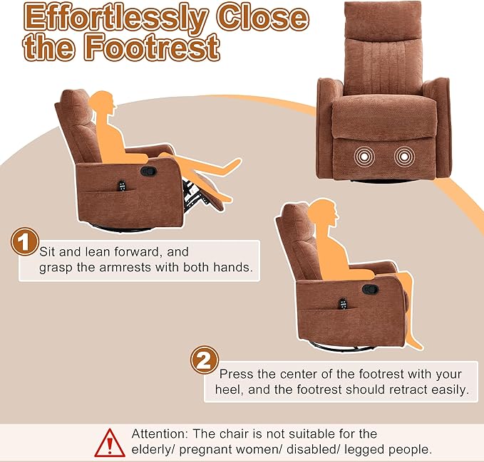 Manual Swivel Rocker Recliner Chair for Adults Overstuffed Nursery Glider Recliner with Vibration Massage and Lumbar Heat Living Room Reclining Chair Fabric Orange
