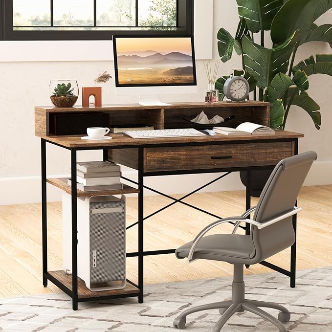 Tangkula Computer Desk with Storage Drawer &amp Monitor Stand 48” Home Office Writing Desk with 2 Open Shelves &amp Compartments Computer Workstation Writing Study Desk with Metal Frame (Rustic Br
