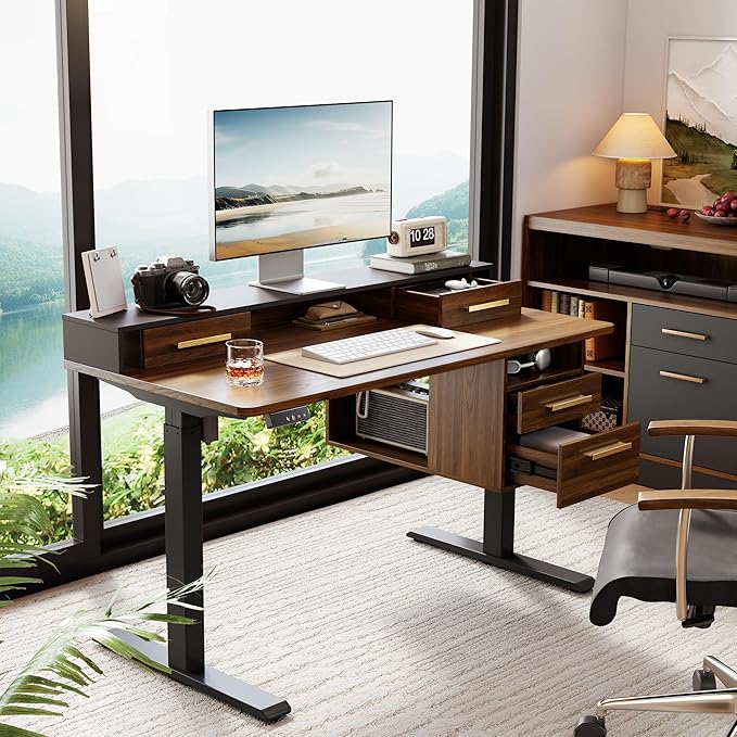 Electric Standing Desk with 4 Drawers 47.2 x 23.6 Inch Height Adjustable Whole Piece Sit Stand Desk Computer Home Office Workstation with Open Storage Shelf Black Walnut