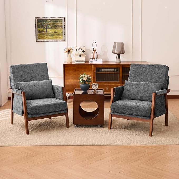 Accent Chair Mid-Century Modern Chair with Lumbar Support Pillow Upholstered Living Room Chairs with Wooden Chenille Armchair with Cushion Comfy Side Chair for Bedroom Balcony Dark Grey