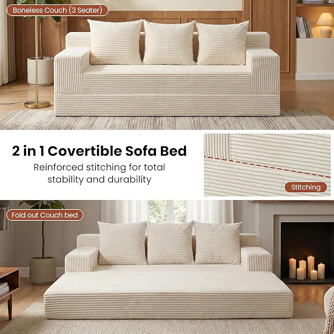 Boneless Couch 78 Inch 2 in 1 Convertible Sofa Bed Corduroy 3 Seater Fold Out Couch Oversize Boneless Loveseat Sleeper Sofa with 3 Pillows for Living Room Bedroom &amp Apartment