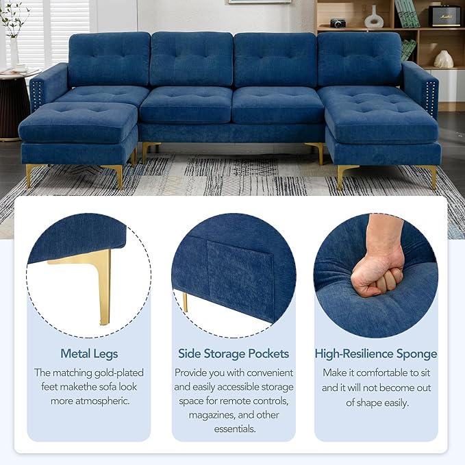 Merax Velvet L-Shape Sofa 4 Seat with Chaise and Movable Ottoman 110.6 Sofa Couch for Living Room Apartment Office (Blue)