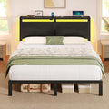 Rolanstar Full Size Bed Frame with Charging Station LED Full Bed Frame with Wood Storage Headboard Platform Bed with Metal Slats &amp Under Bed Storage No Box Spring Needed Noise Free Black Oak