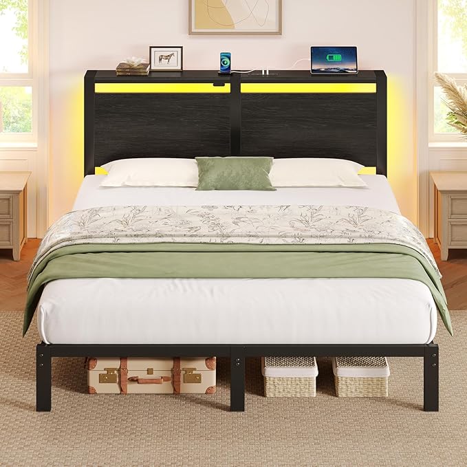 Rolanstar Full Size Bed Frame with Charging Station LED Full Bed Frame with Wood Storage Headboard Platform Bed with Metal Slats &amp Under Bed Storage No Box Spring Needed Noise Free Black Oak