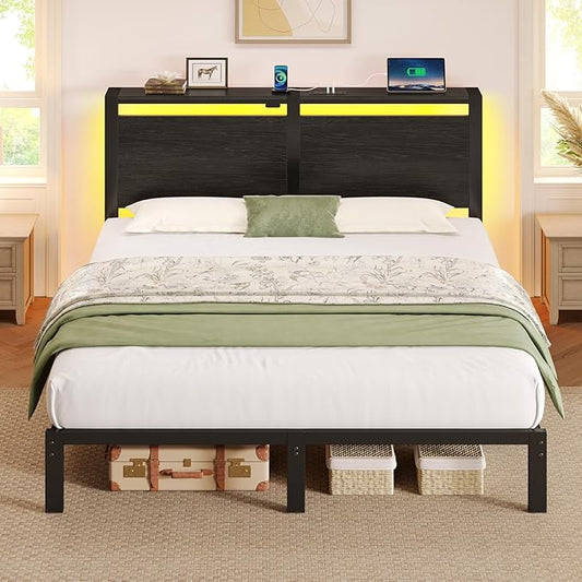 Rolanstar Full Size Bed Frame with Charging Station LED Full Bed Frame with Wood Storage Headboard Platform Bed with Metal Slats &amp Under Bed Storage No Box Spring Needed Noise Free Black Oak