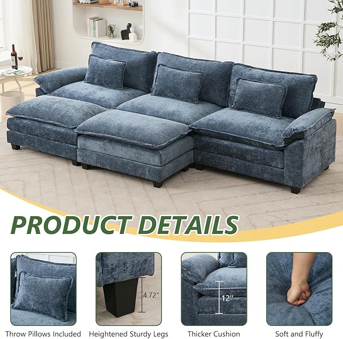120 U Shaped Couch Modular Sectional Sofa Cloud Couch with Movable Ottoman Modern Chenille Deep Seat Sleeper Sofa with Throw Pillows for Living Room and Apartment (Blue 5-Seat)