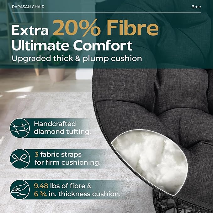 Bme 40 Ergonomic Wicker Papasan Chair with Soft Thick Cushion &amp Frame 360° Swivel Circle Reading Comfy Chair for Living Room Bedroom