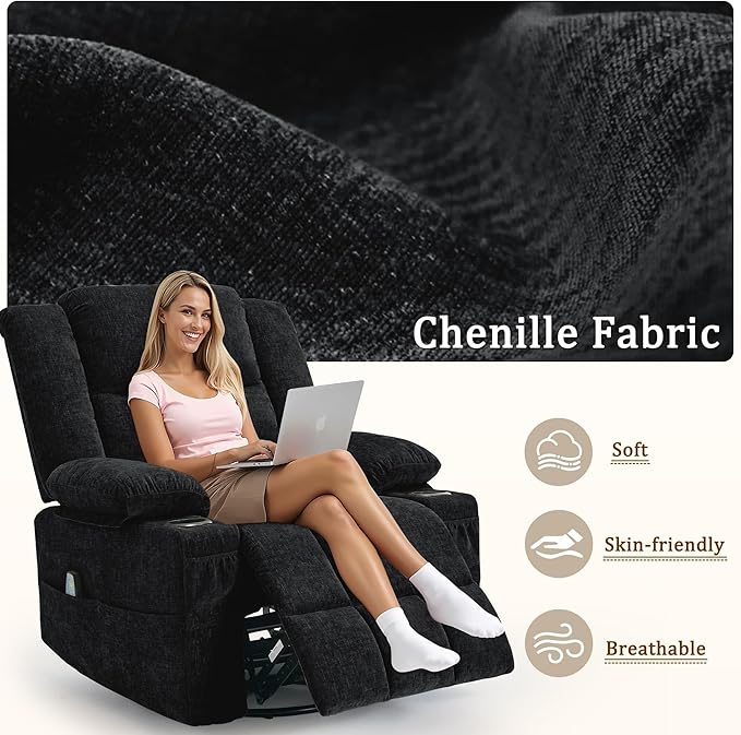Adult 360° Rotating Recliner with Massage and Heating Functions Cup Holder and Manual Tilt Mechanism Suitable for Living Room and Bedroom (Fabric Black)