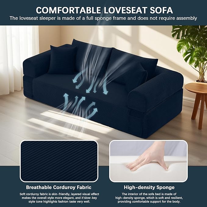 83 Modern Sofa in a Box No Assembly Oversized 3 Seater 28 Deep Seat Cloud Sofa Bed Couch with 4 Furry Pillows &amp Corduroy Fabric Boneless Couch with Side Storage Pockets for Living Room Navy B