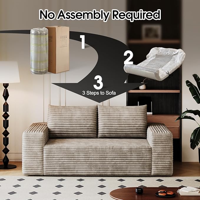 63.4 Boneless Corduroy Modular Couch with Deep Seat Memory Foam Comfy Small Cloud Couch for Small Spaces No Assembly Required Sofa for Living Room Bedroom &amp Apartment (Camel 63inch)