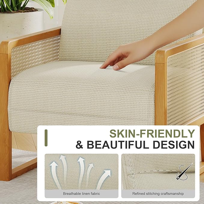 Upholstered Rattan Accent Chair Modern Linen Armchair with Ash Wood Legs Comfy Arm Chair for Living Room Bedroom Beige