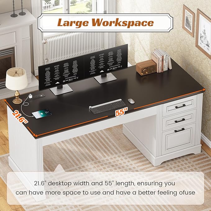 SEDETA Office Desk with 3 Drawers 55 Executive Computer Desk with Storage Drawers Farmhouse Desk with Power Outlet for Home Office White