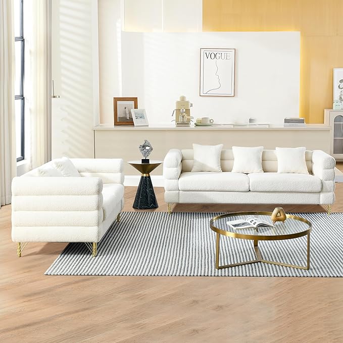 mikibama Luxury Teddy Sofa Set for Living Room Modern Decor Furniture Sectional Sofa 3 Seater Couch and Loveseat with 5 Pillows for Apartment Office Hall (White)