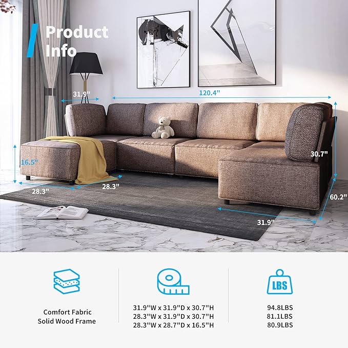 Mjkone 120 Inch U Shaped Sectional Couches for Living Room Convertible L Shaped Sectional Sofa with Ottoman Oversized Sleeper Sofa Linen Fabric Deep Modular Sectional Sofa 6PCS Dark Brown