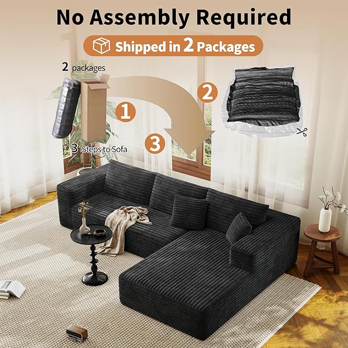 107 Modular Sectional Couches for Living Room Comfy L-Shaped Boneless Cloud Couch with Chaise Modern Deep Seat Corduroy Floor Sofa No Assembly Required (Right Facing Chaise Black) | High-density