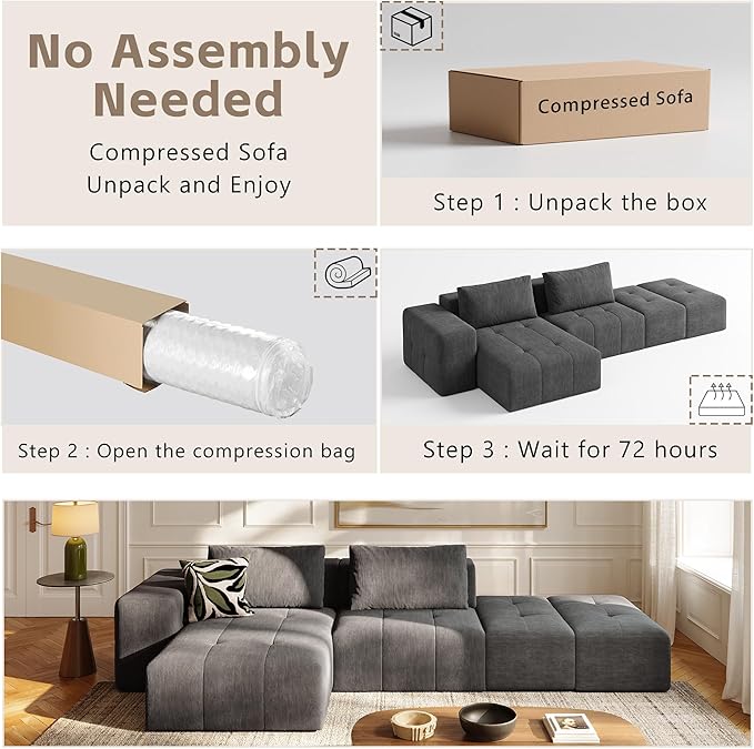 wanan 141 Boneless Couch for Living Room Oversize Cloud Sectional Sofa with Deep Seat L Shaped Modern Cloud Sleeper Sofa Bed with Chaise Dark Grey
