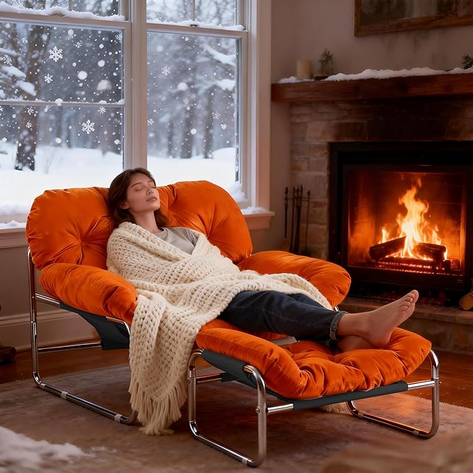 YOXIFOC Modern Style Recliner Armchair with Footrest Multifunctional Leisure Chair with Thickened Cushion and Phone Holder Suitable for Bedroom/Living Room Reading Chair/Garden/Patio (Orange)