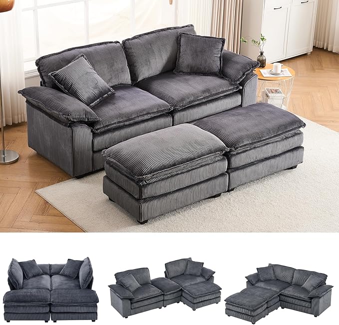 84.6” Corduroy Loveseat with Ottoman Oversized Double Chaise Lounge Chair Indoor Deep Seat Two Seater Couch Cloud Couch Modular Sectional Sofa for Living Room(Corduroy Grey)