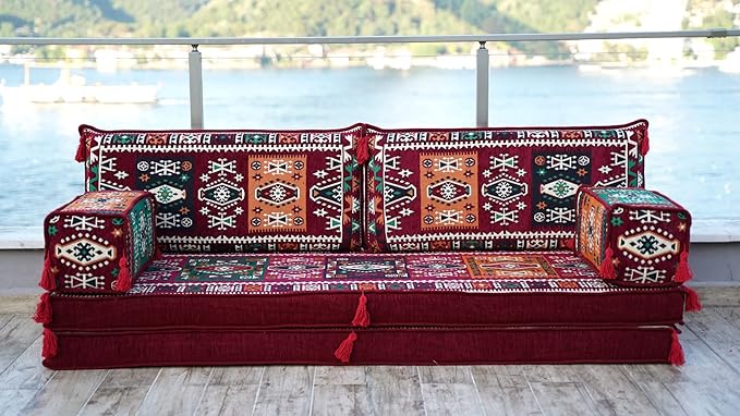 arabicsofa Maroon Arabic Majlis Sofa with Cushions – Modular Loveseat Floor Sofa for Living Room