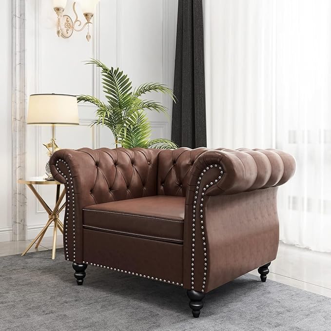 Living Room Chair Modern Leather Chesterfield Sofa Chair Mid Century Single Sofa Couch Chair with Tufted Back and Rolled Arms Accent Sofa Chair for Living Room Apartment Brown