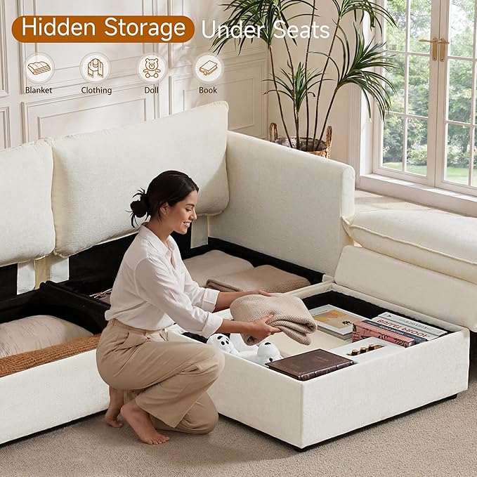 Modular Sofa with Storage 103 U-Shape Sectional Cloud Couch Deep Seat Comfy Fabric Couch for Living Room (Beige Chenille) | Convertible Storage Deep Seat Design Sturdy Wood Frame Effortless Asse