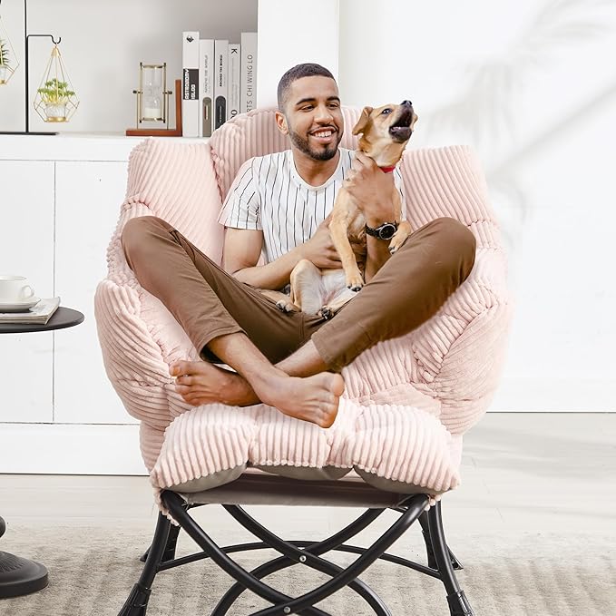 HOMEFUN Lazy Chair with Ottoman Bedroom Chairs for Adults Comfy Reading Chair for Living Room Office Modern Lounge Accent Chair with Armrests Ergonomic Footrest for Small Spaces Pink