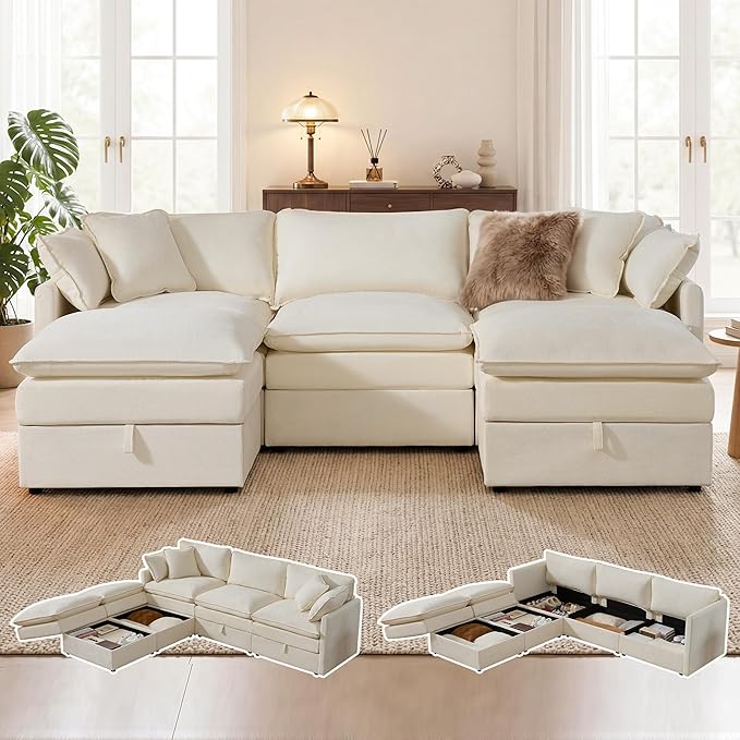 Modular Sofa with Storage 103 U-Shape Sectional Cloud Couch Deep Seat Comfy Fabric Couch for Living Room (Beige Chenille) | Convertible Storage Deep Seat Design Sturdy Wood Frame Effortless Asse