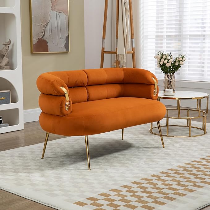 50” Velvet Loveseat Sofa Chair Mid Century Modern 2-Seater Small Love Seat for Small Spaces Accent Arm Chair with Golden feet Comfy Upholstered Leisure Couch for Living Room (Orange)