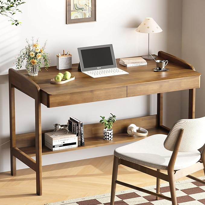 Solid Wooden Desk with Drawers &amp Shelf - 40 x 24 Inch Vintage Writing Desk with Drawers Mid Century Modern Desks Adjustable Height Study Table Home Office Computer Desks for Any Room