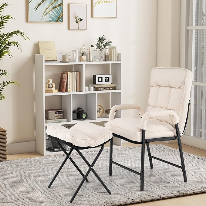 Giantex Modern Accent Chair with Ottoman Upholstered Arm Chair with Adjustable Backrest &amp Solid Metal Frame Linen Fabric Single Sofa Chair and Footrest Set for Bedroom Living Room (Beige)
