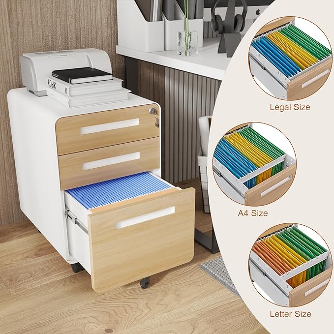 3 Drawer Mobile File Cabinet with Lock Under Desk Metal Filing Cabinet for Home Office Assembled Removable Under Desk Storage with Wheels for A4-Size/Letter-Size/Legal-Size (Wood Grain)