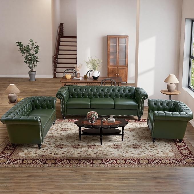 AVZEAR 84 Chesterfield Sofa Vintage Green 3-Seater PU Leather Couch Mid-Century Modern Faux Leather Sofa Button Tufted Back with Rolled Arms for Large Living Room Apartment Green