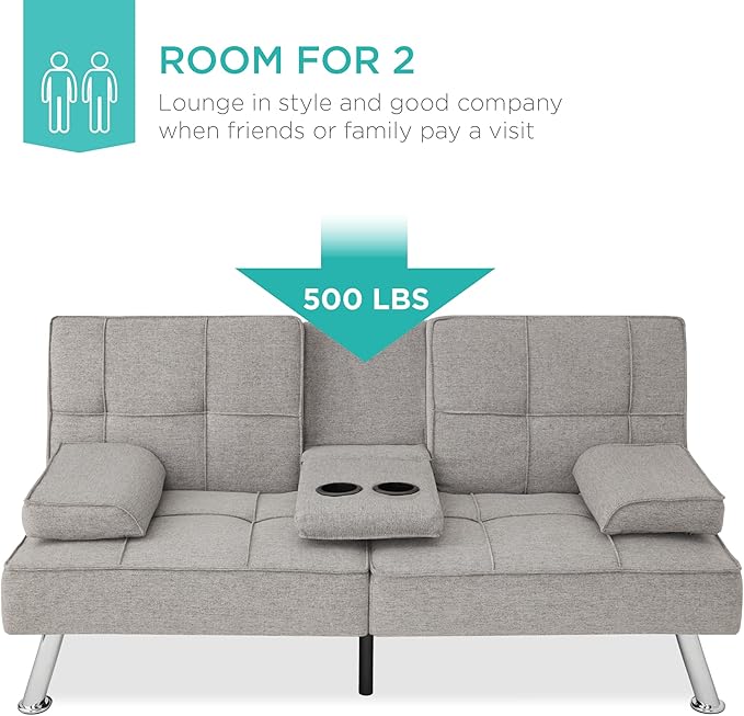 Best Choice Products Linen Modern Folding Futon Reclining Sofa Bed for Apartment Dorm w/Removable Armrests 2 Cupholders - Light Gray