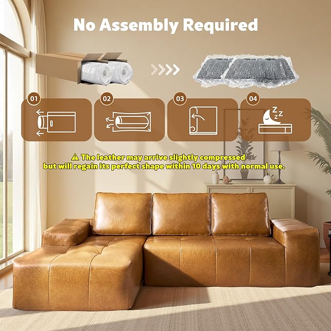 114 Leather Sectional Couch with Comfy Chaise Boneless L Shape Sofa with Deep Seat Minimalist Modular Couches Sleeper for Living Room LoungeBrown