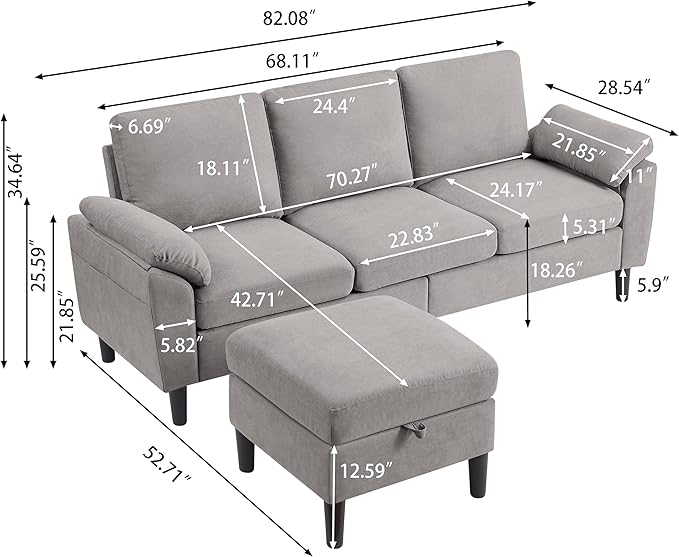 80 Convertible Sectional Sofa Small L Shaped 3 Seat Couch with Reversible Chaise Modern Fabric Sofa Couches for Living Room Apartment and Small Space Light Grey