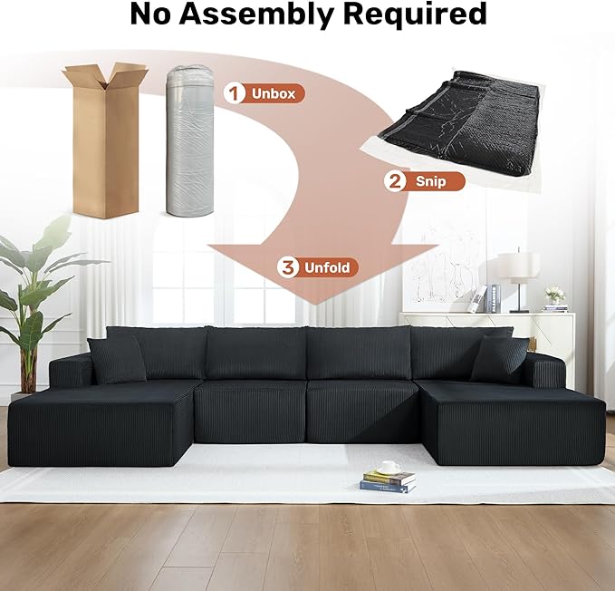 Modular Sectional Sofa146 U-Shaped Boneless Sofa for Living RoomOversized 4-Seater Deep Seat Cloud CouchesCorduroy Upholstered Corner Sofa CouchNo Assembly RequiredBlack