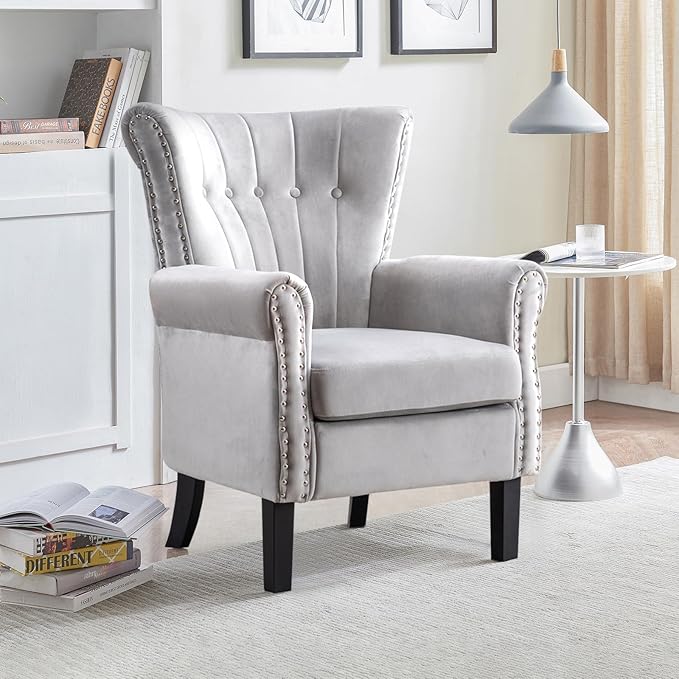 Modern Velvet Accent Chair Upholstered Tufted Armchair Wingback Chair Single Sofa Club Chair with Solid Wood LegsComfy Reading Chair for Living RoomBedroomLoungeOffice (Gray)